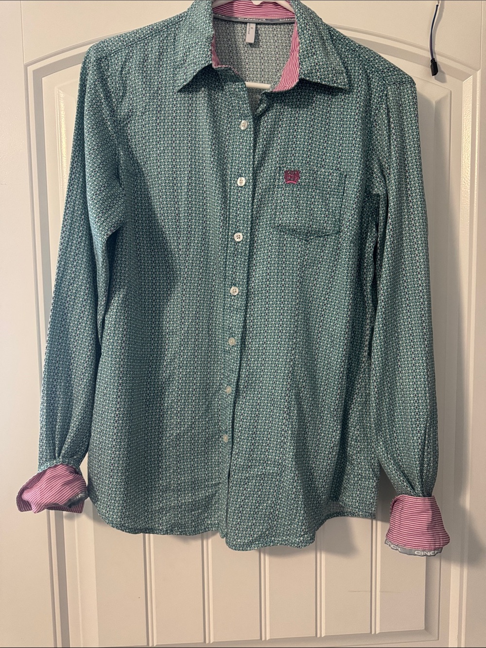 Cinch Teal Microprint Long-Sleeve Dress Shirt with Pink Contrast sleeve cuffs